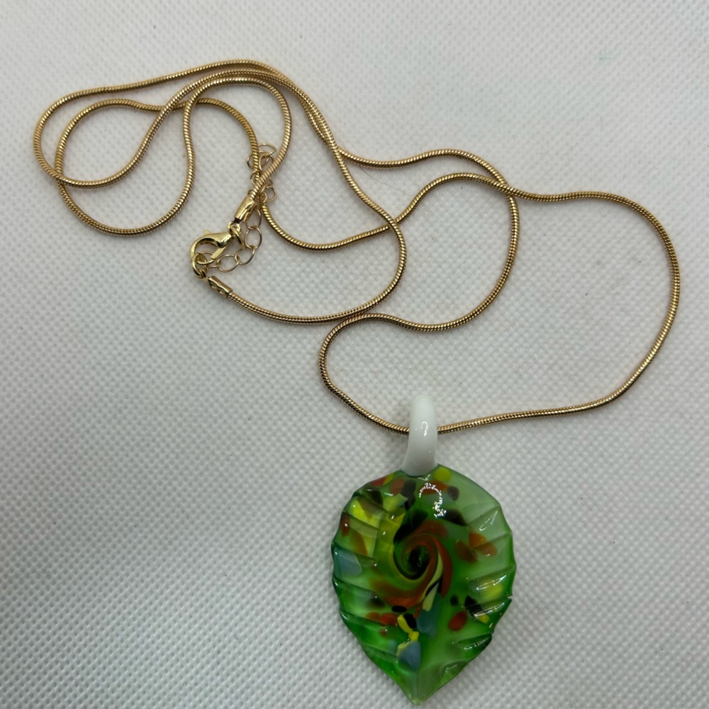 Handmade Pendant Art Glass Green Gold Leaf Shape Pendant Gold Necklace